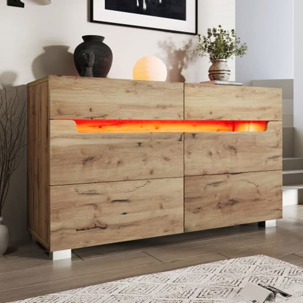 Byrå, skänk i trä med 6 lådor, LED-belysning (appstyrd), 71 x 120 x 40 cm, ekfärg