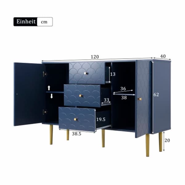 Kommodesk med två dörrar och tre lådor, justerbara hyllor, marinblå - H82/B120/T40 cm