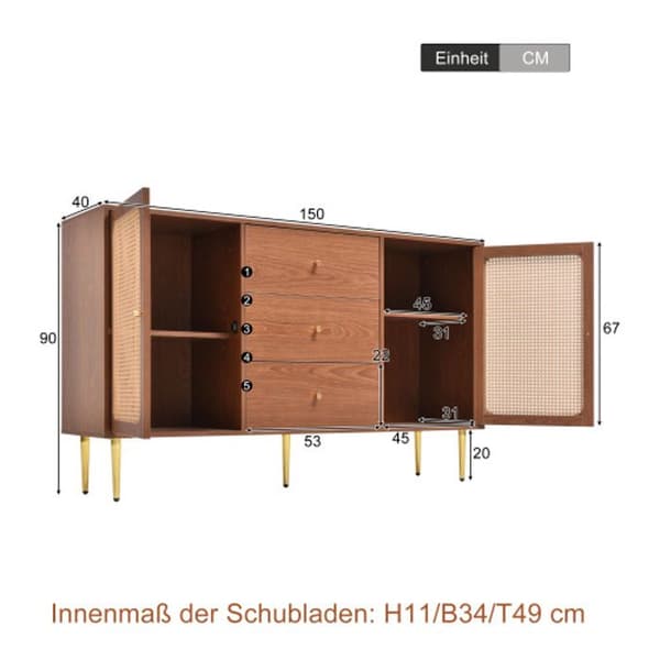 Kommode med 2 dører og 3 skuffer, rottongkommode med skuffer, valnøtt - H90/B150/T40 cm
