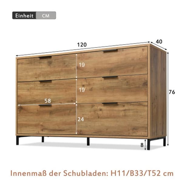 Kommode, buffé med 6 lådor, 120 x 40 x 76 cm, mörk ek
