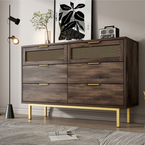 Buffé med 6 lådor, 120 x 40 x 76 cm, mörkbrun, metallhandtag Kommod, förvaringsmöbel