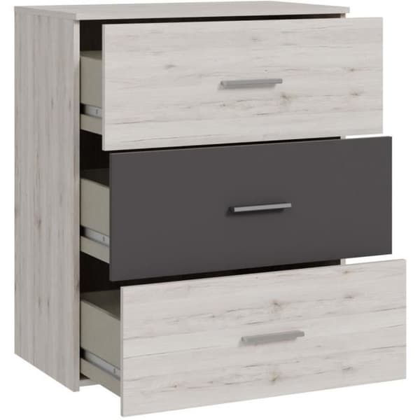 Byrå - ADRIA - 3 lådor - Ask ek / Vanlig grå - 75,2 x 41,3 x 89,7 cm