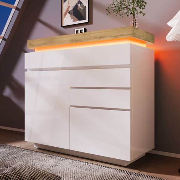 Byrå, blank skänk med 2 luckor och 3 lådor, LED-belysning, multifunktionell möbel, 115 x 110 x 39 cm, vit