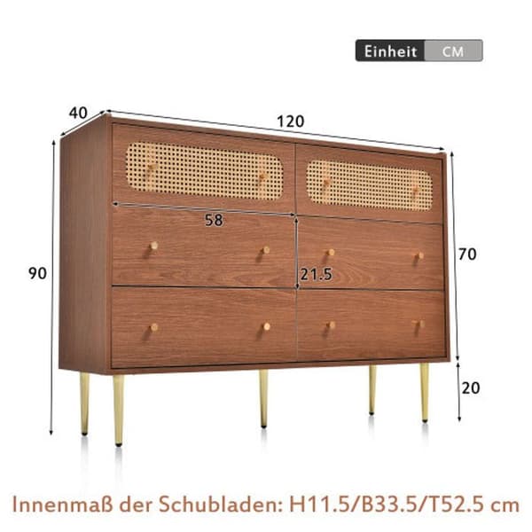 Byrå med 6 lådor, skänk i rotting, valnöt -H90/B120/T40 cm
