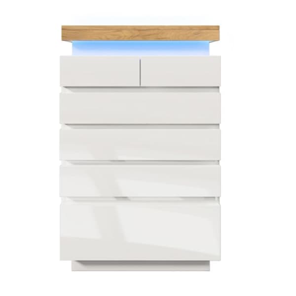 Byrå, blank skänk med 6 lådor, LED-belysning (appstyrd), 115 x 73 x 39 cm, vit