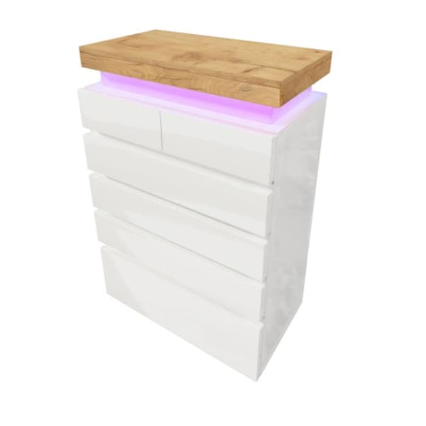 Byrå, blank skänk med 6 lådor, LED-belysning (appstyrd), 115 x 73 x 39 cm, vit