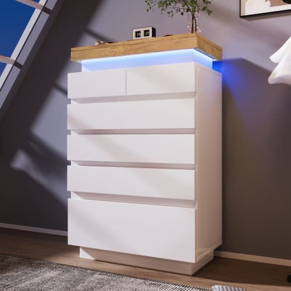 Byrå, blank skänk med 6 lådor, LED-belysning (appstyrd), 115 x 73 x 39 cm, vit