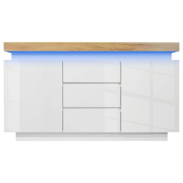Byrå, blank skänk med 2 luckor och 3 lådor, LED-belysning, universalskåp, 81 x 140 x 39 cm, vit