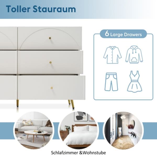 Byrå med 6 lådor, vita sidopaneler, hög möbel, krämfärgad -H85/B120/T40 cm