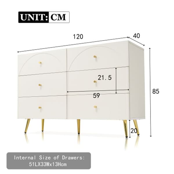 Byrå med 6 lådor, vita sidopaneler, hög möbel, krämfärgad -H85/B120/T40 cm