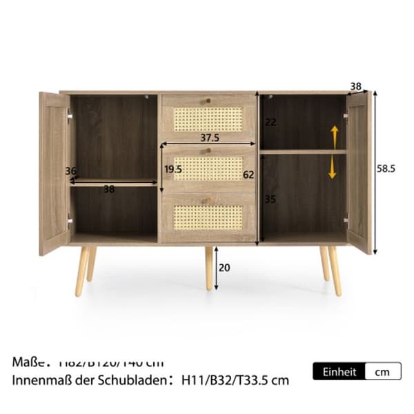 Kommod med 2 døre og 3 skuffer, rattan egetræ Sonoma, justerbare hylder, til stue og soveværelse - 120 x 82 x 40 cm