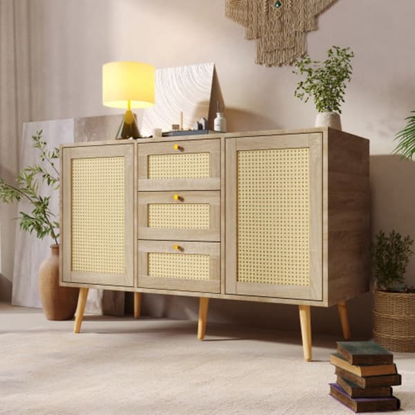 Kommod med 2 døre og 3 skuffer, rattan egetræ Sonoma, justerbare hylder, til stue og soveværelse - 120 x 82 x 40 cm