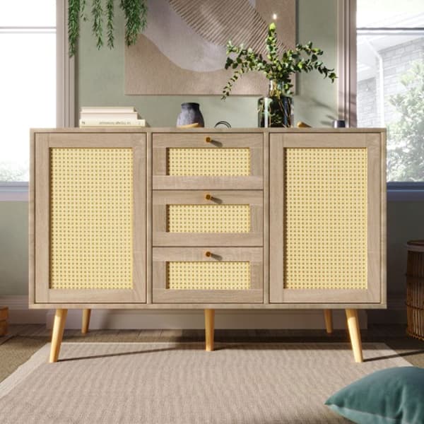 Kommod med 2 døre og 3 skuffer, rattan egetræ Sonoma, justerbare hylder, til stue og soveværelse - 120 x 82 x 40 cm
