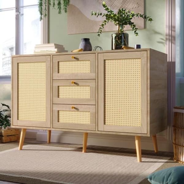 Kommod med 2 døre og 3 skuffer, rattan egetræ Sonoma, justerbare hylder, til stue og soveværelse - 120 x 82 x 40 cm