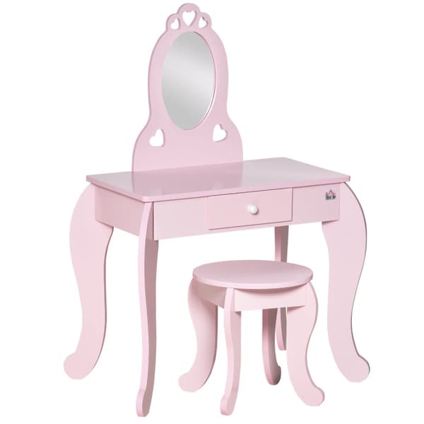 Rootz Børneforbindelsesbordssæt - Makeup Vanity - Kid's Beauty Table - Hjerte design - MDF, Pink - 60L X 36W X 88H CM