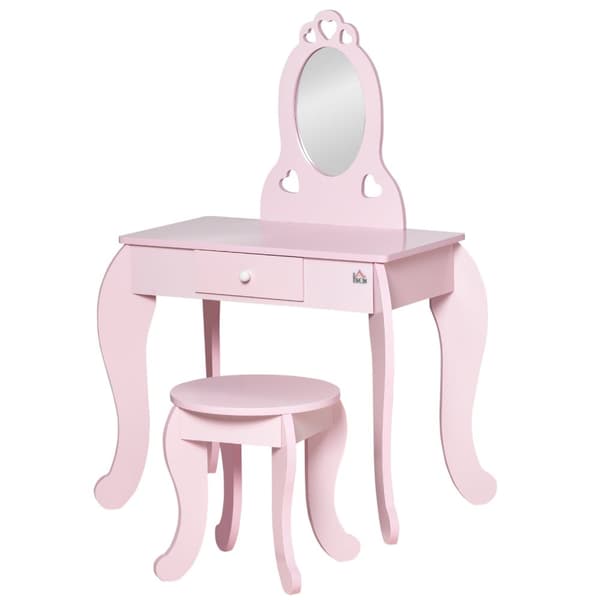 Rootz Børneforbindelsesbordssæt - Makeup Vanity - Kid's Beauty Table - Hjerte design - MDF, Pink - 60L X 36W X 88H CM
