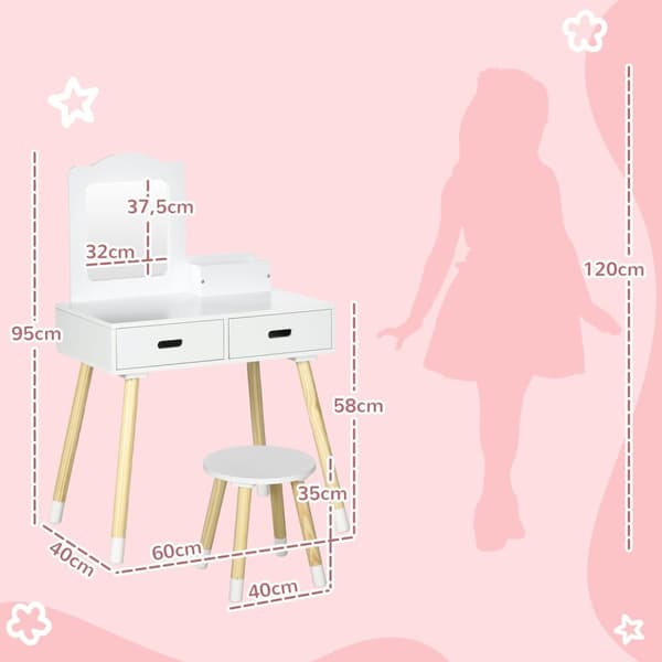 Rootz Børnefrisørklædningsbordsæt - Vanity Table - Kids Hair Station - Opbevaringsplads - 60 cm x 40 cm x 95 cm - Hvid/brun - Alder 3-6