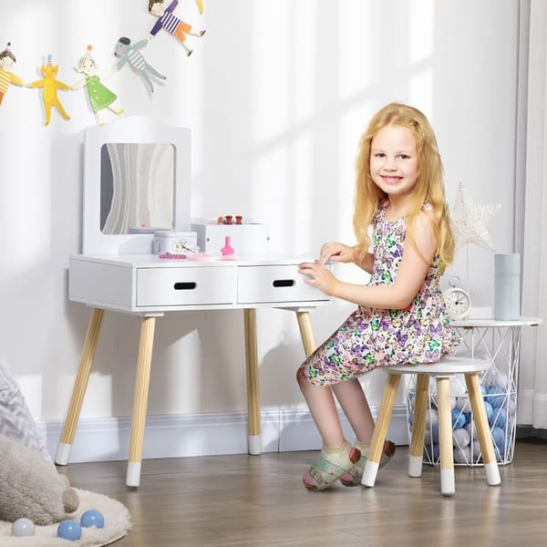 Rootz Børnefrisørklædningsbordsæt - Vanity Table - Kids Hair Station - Opbevaringsplads - 60 cm x 40 cm x 95 cm - Hvid/brun - Alder 3-6