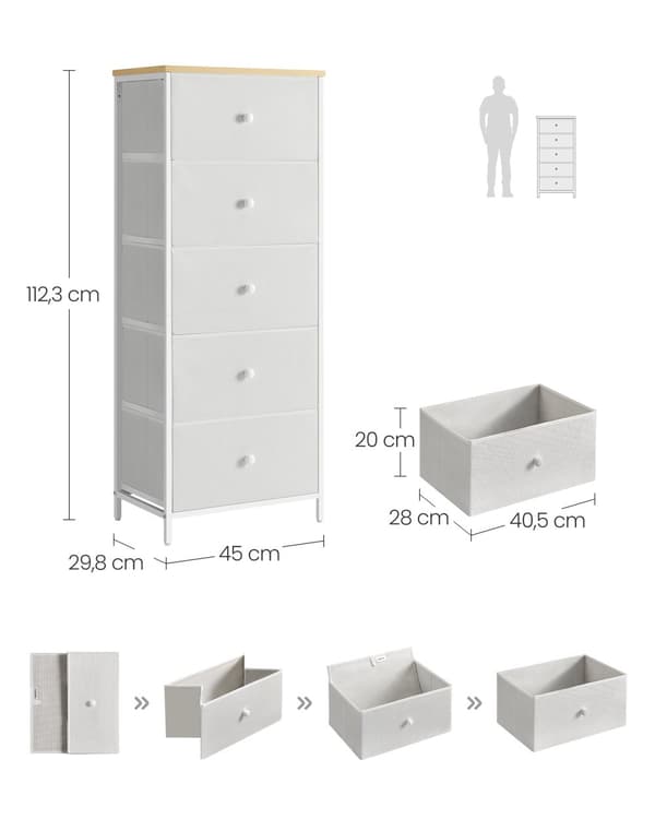 Kommode, SONGMICS, 29,8 x 45 x 112,3 cm, Duegrå-cremehvid.
