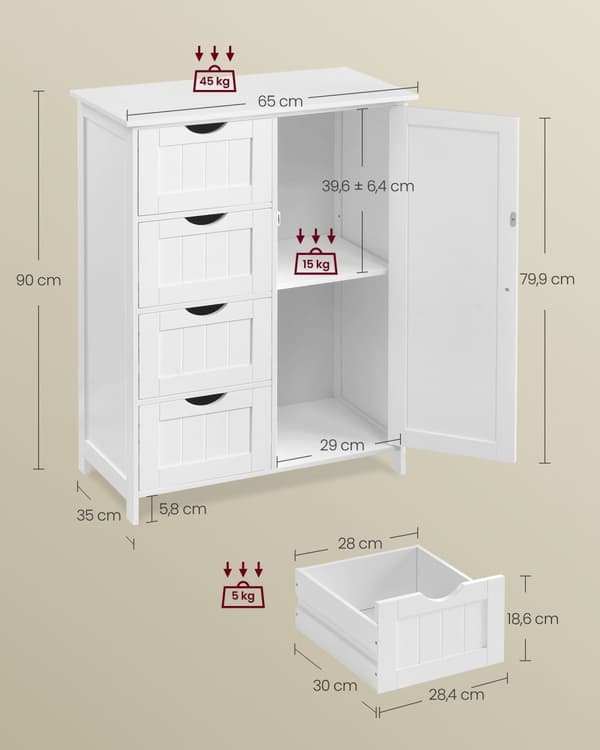 Sideboard, Badezimmerskab, LHC41W, 35x65x90 cm, Hvid