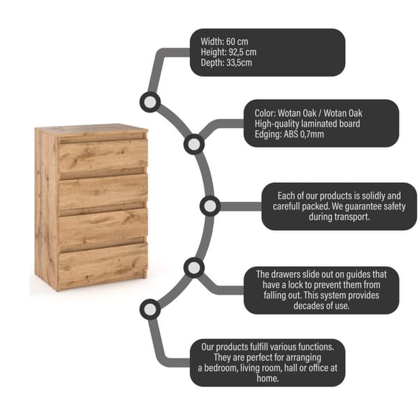 Lipasto Oak Wotan 60 CM 4S TV Kaappi Olohuoneen Makuuhuoneen kalusteet