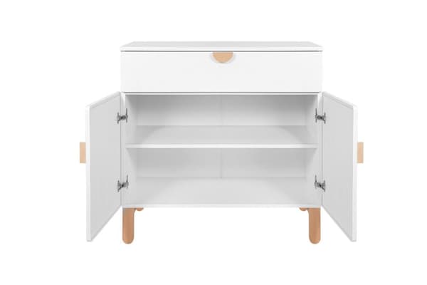 Barnbokhylla med dörrar och öppna fack 103x167 cm – vit / latte / grå – lättåtkomlig och säker