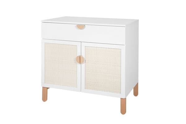 Barnbokhylla med dörrar och öppna fack 103x167 cm – vit / latte / grå – lättåtkomlig och säker