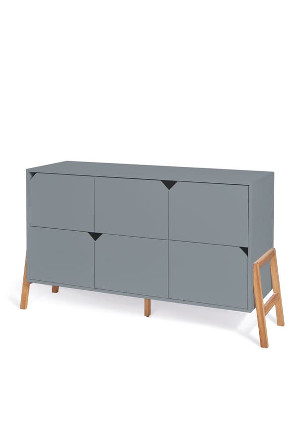 Vit byrå med 6 lådor och ekbas – skötbordskompatibel, 150x50x85 cm, Lotta grå