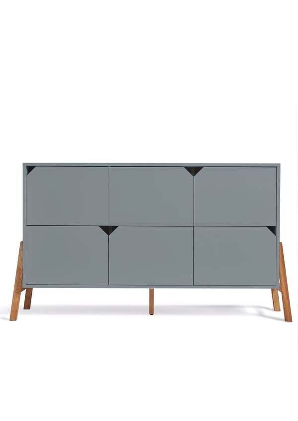 Vit byrå med 6 lådor och ekbas – skötbordskompatibel, 150x50x85 cm, Lotta grå