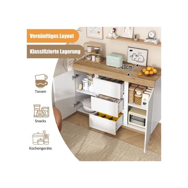 Kommodesk med tre lådor och två dörrar, förvaringsmöbel, spånskiva E1, vit + ek