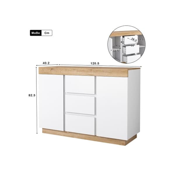 Kommodesk med tre lådor och två dörrar, förvaringsmöbel, spånskiva E1, vit + ek