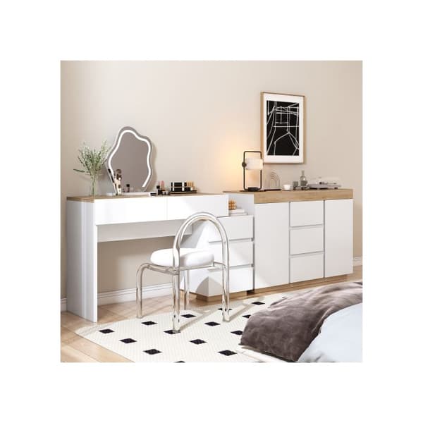 Skrivbord med 5 lådor, byrå, förvaring, för sovrum, E1 spånskiva, vit + ek