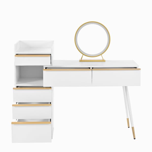 Sminkbord med LED-belysning 100 x 41,5 x 102 cm - med 6 lådor - utdragbart bord - vit