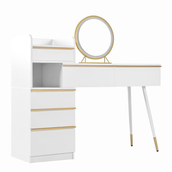 Sminkbord med LED-belysning 100 x 41,5 x 102 cm - med 6 lådor - utdragbart bord - vit