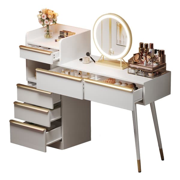 Sminkbord med LED-belysning 100 x 41,5 x 102 cm - med 6 lådor - utdragbart bord - vit