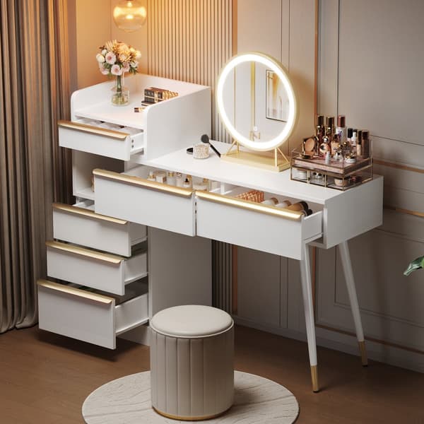 Sminkbord med LED-belysning 100 x 41,5 x 102 cm - med 6 lådor - utdragbart bord - vit