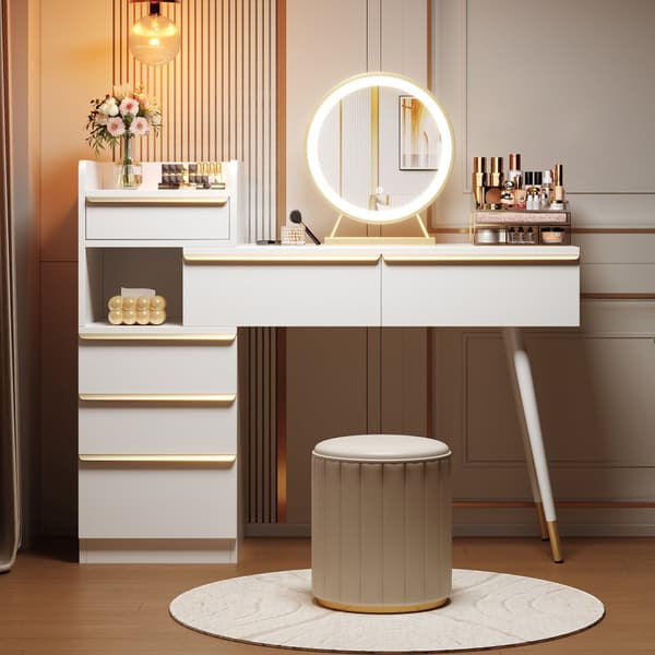 Sminkbord med LED-belysning 100 x 41,5 x 102 cm - med 6 lådor - utdragbart bord - vit