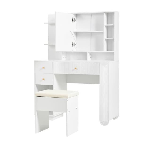 Sminkbord med spegel 100×40×138 cm - med pall - med LED-belysning - med justerbar ljusstyrka - med 3 lådor - med öppna hyllor - vit