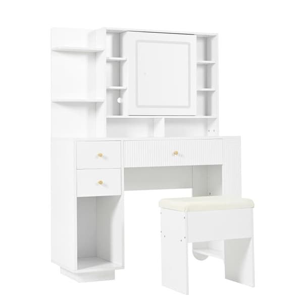 Sminkbord med spegel 100×40×138 cm - med pall - med LED-belysning - med justerbar ljusstyrka - med 3 lådor - med öppna hyllor - vit