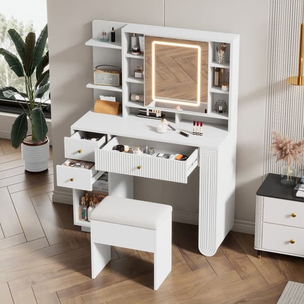 Sminkbord med spegel 100×40×138 cm - med pall - med LED-belysning - med justerbar ljusstyrka - med 3 lådor - med öppna hyllor - vit