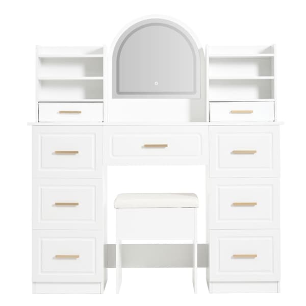 Sminkbord med spegel 120x40x135 cm - med LED-belysning - med 9 lådor - vit
