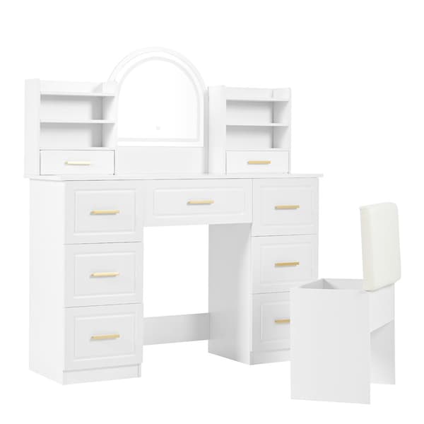 Sminkbord med spegel 120x40x135 cm - med LED-belysning - med 9 lådor - vit