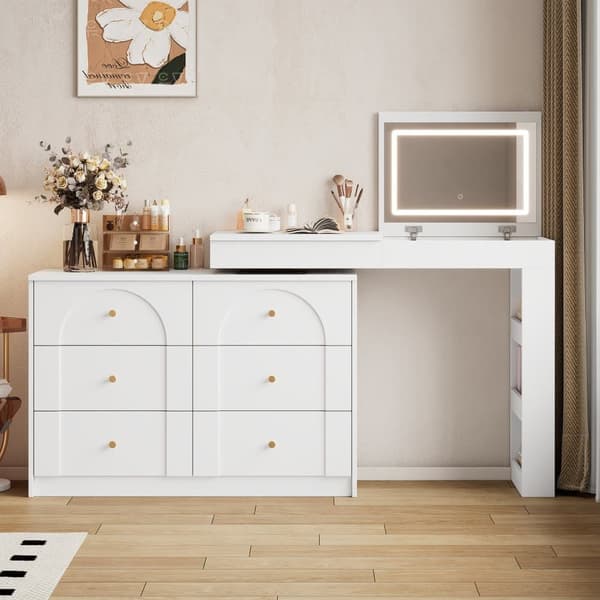 Sminkbord med LED-belysning 105x40x80 cm - med 7 lådor - med förvaringsfack - vit