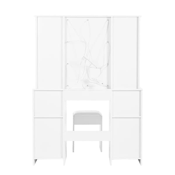 Suuri peilipöytä LED-valaistuksella, peili, jakkara, 3 laatikkoa ja 2 ovea – valkoinen peilipöytä makuuhuoneeseen – 110x40x151 cm