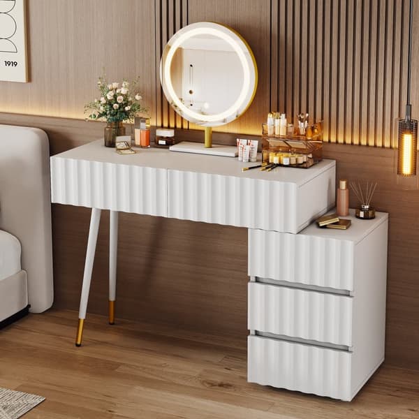 Sminkbord med LED-spegel och belysning – Vitt sminkbord för sovrum med 5 lådor – 100x40x127 cm (utan pall)