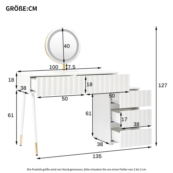 Sminkbord med LED-spegel och belysning – Vitt sminkbord för sovrum med 5 lådor – 100x40x127 cm (utan pall)