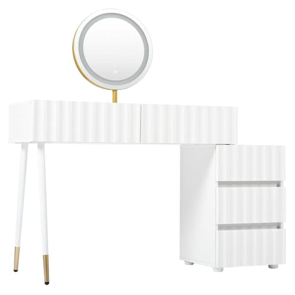 Sminkbord med LED-spegel och belysning – Vitt sminkbord för sovrum med 5 lådor – 100x40x127 cm (utan pall)