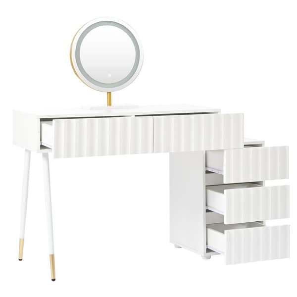 Sminkbord med LED-spegel och belysning – Vitt sminkbord för sovrum med 5 lådor – 100x40x127 cm (utan pall)