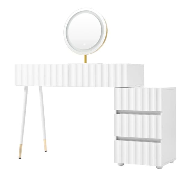 Sminkbord med LED-spegel och belysning – Vitt sminkbord för sovrum med 5 lådor – 100x40x127 cm (utan pall)
