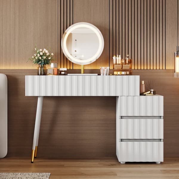 Sminkbord med LED-spegel och belysning – Vitt sminkbord för sovrum med 5 lådor – 100x40x127 cm (utan pall)